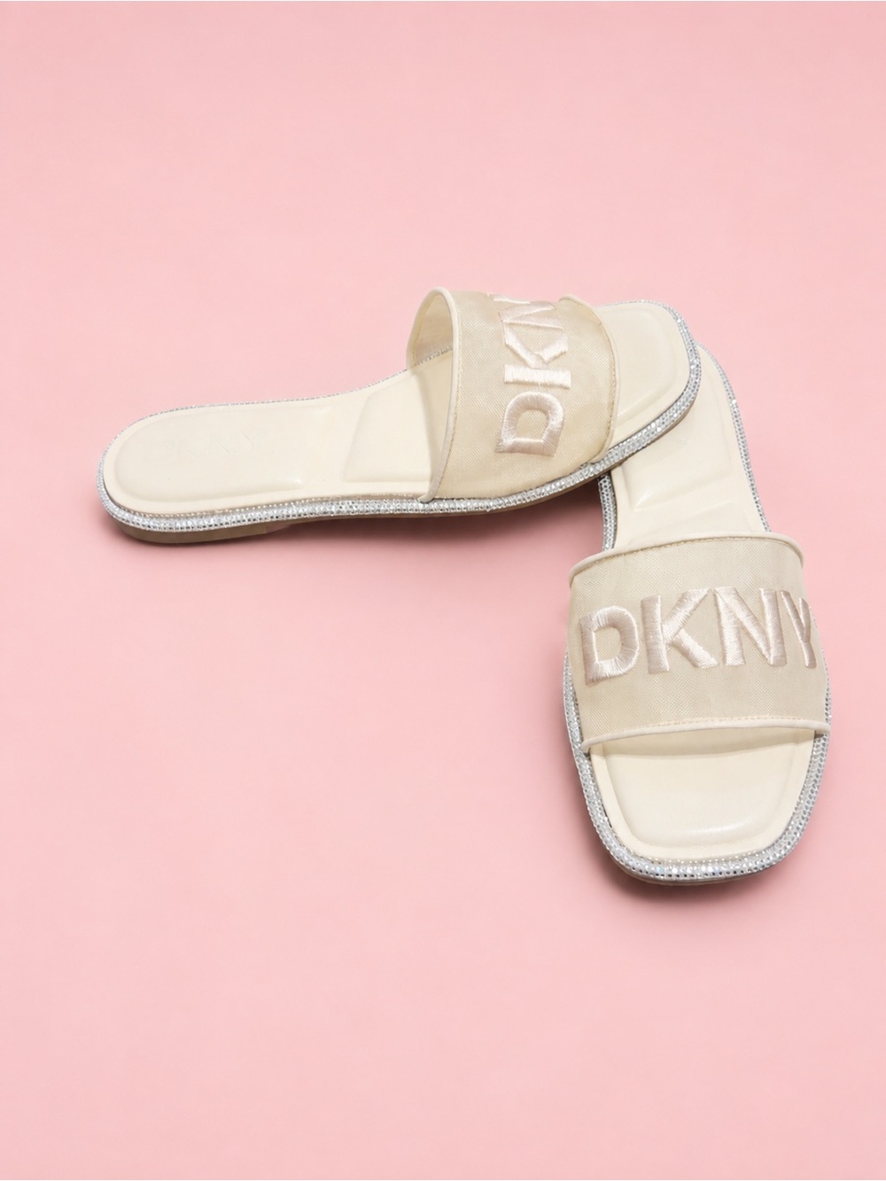 DKNY Cream Slide Sandals with Embroidered Logo and Rhinestone Trim